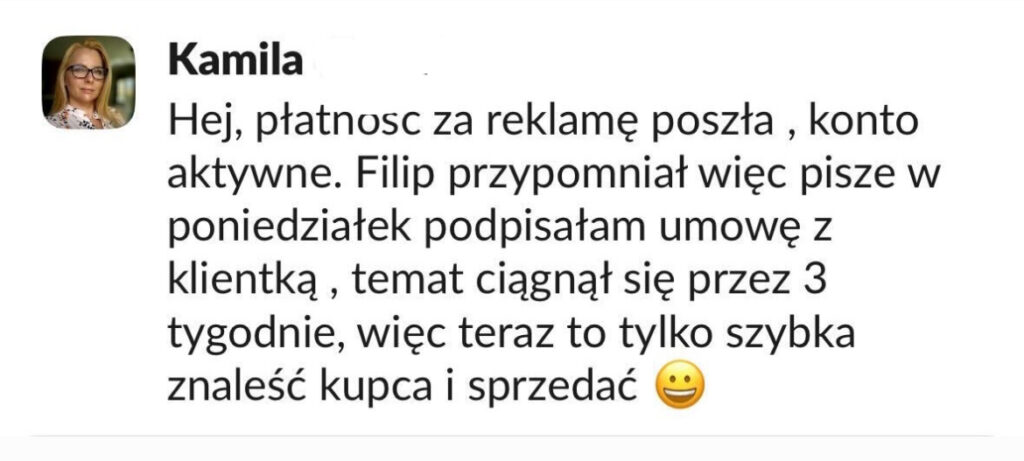 Wiadomość klienta ALPHA-NOVA o wynikach współpracy, 2